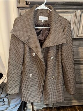 Calvin Klein Women's Taupe Double-Breasted Textured Pea Coat